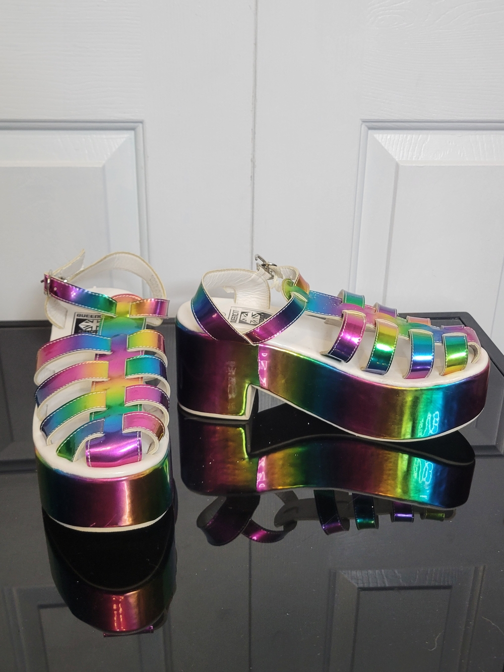 Queen City Rainbow Holographic 3" Platform Cut Out Sandals Chunky 8 Pride Yru